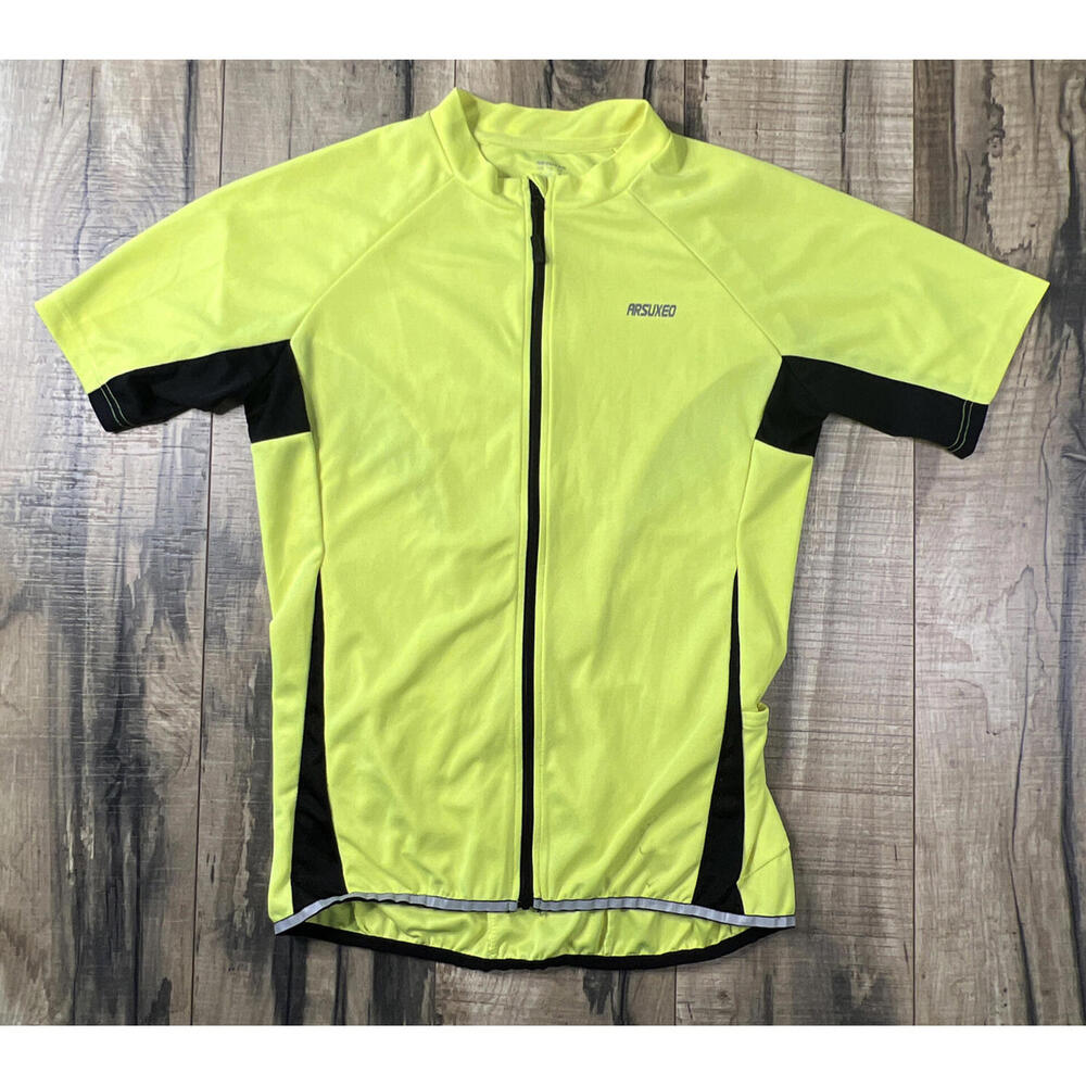Arsuxeo Cycling Jersey Full Zip With Water Pockets On Back Neon Yellow Medium.
